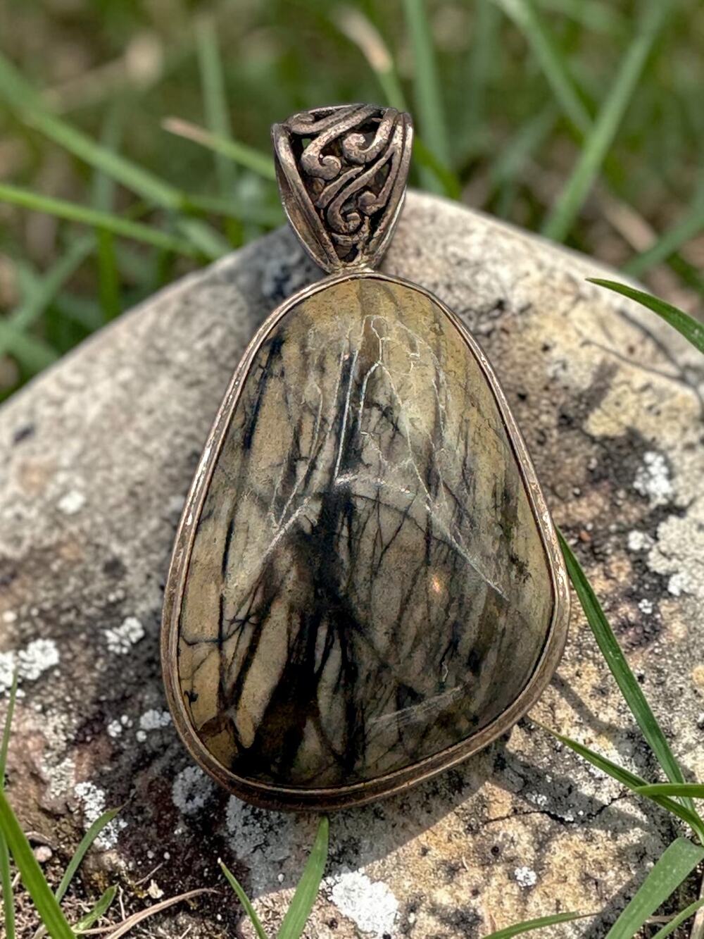 Vintage Silver Teardrop Jasper Pendant Beige Grey Stone Cabochon Scrollwork Bail